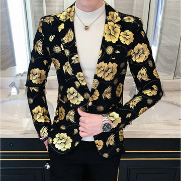 Men's Slim-fit Business Casual Suit 2024 Korean Version Hot Stamping Floral Print Handsome Blazer for All Seasons