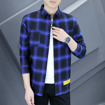 High-quality, fashionable, cool, versatile and trendy business casual autumn teenagers' versatile checked long-sleeved shirt for
