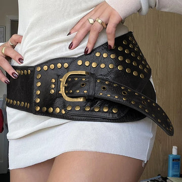 1Pcs Women's Wide Waist Waistband Fashion PU Leather Belt with Studs & Buckle - Perfect for Casual Wear Weddings Parties & More