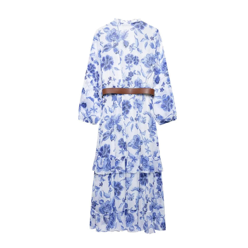 Women's Belt Printed Midi Dress V-neck Long Sleeve Ruffle Edge Spring/Summer New Women's Wear