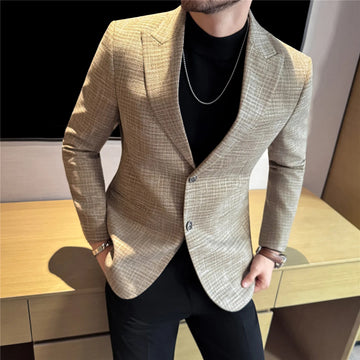 A thick checkered suit jacket in the style of old coins made of wool, a high-end checkered suit in coffee color