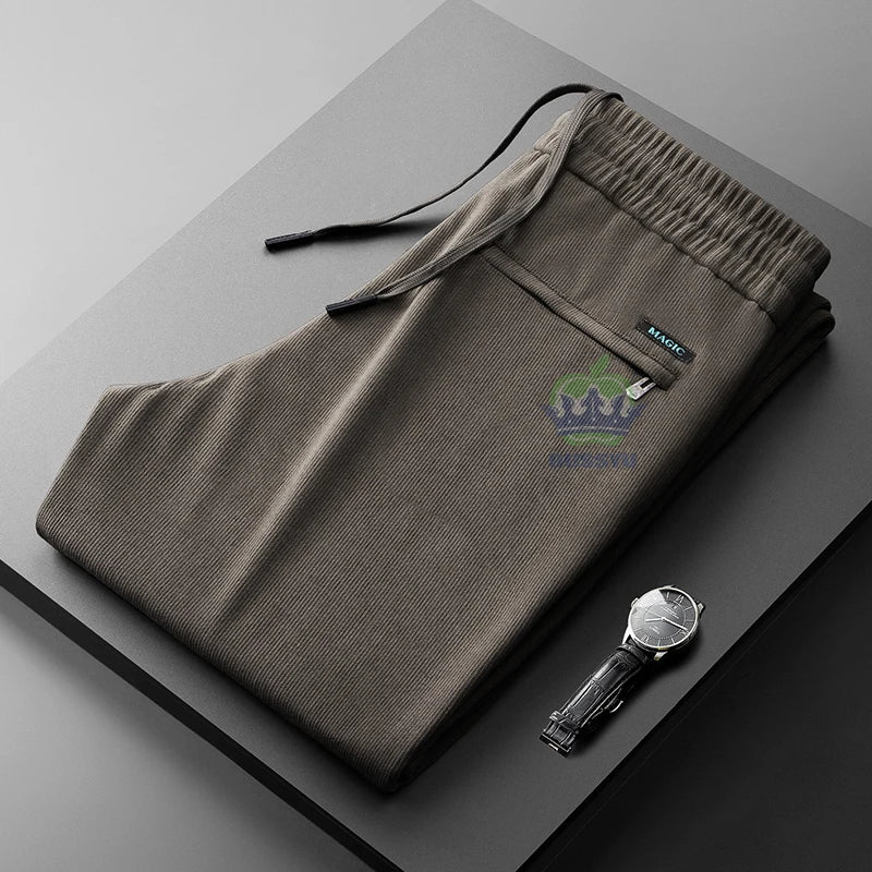 Autumn Winter Brown Classic Corduroy Casual Pants Men Elastic Waist Business Zipper Jogging Work Grey Thick Trousers Male M-4XL