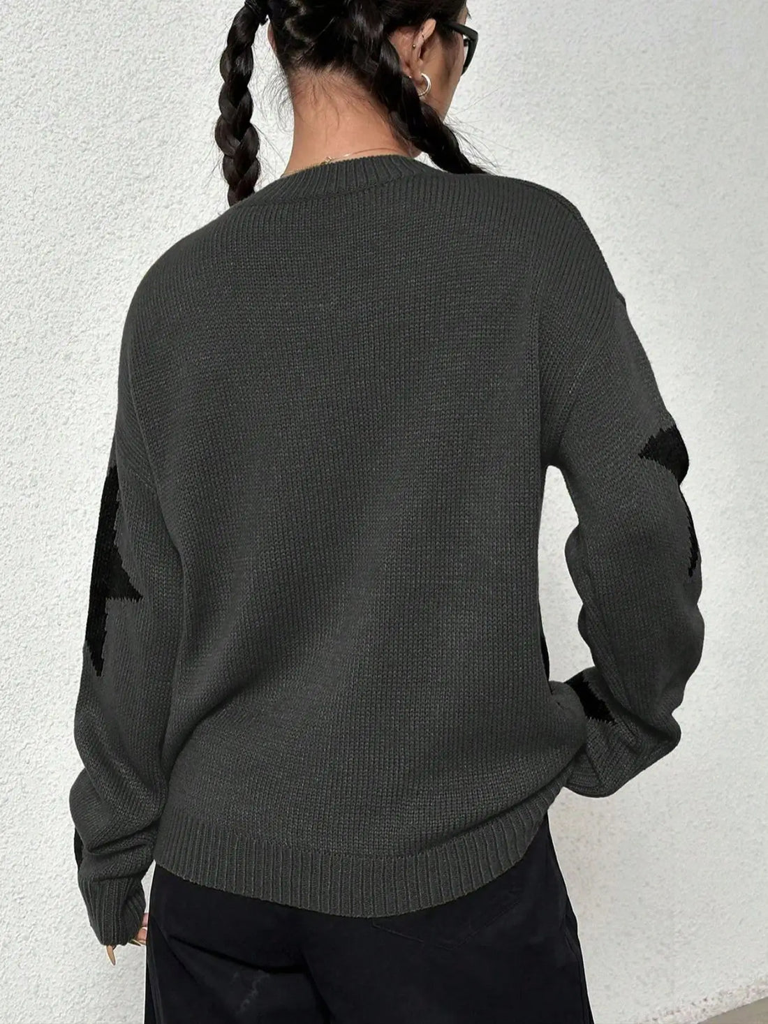 Women's round neck contrasting star jacquard loose casual woolen pullover top