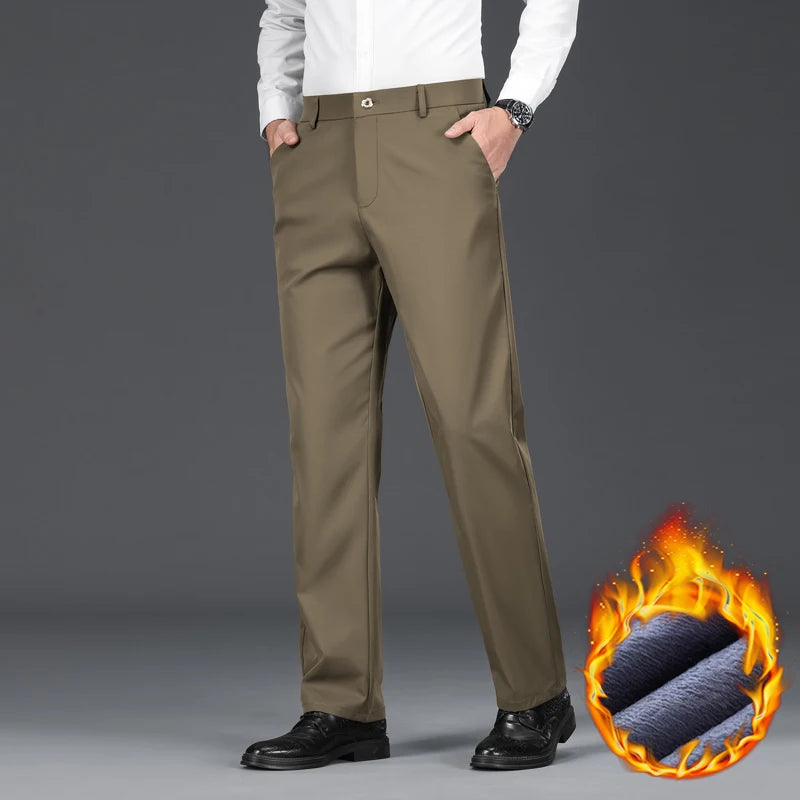 Brand Clothing Winter Warm Fleece Thicken Suit Pants Men Business Loose Straight Work Flocking Plush Formal Trousers Plus Size