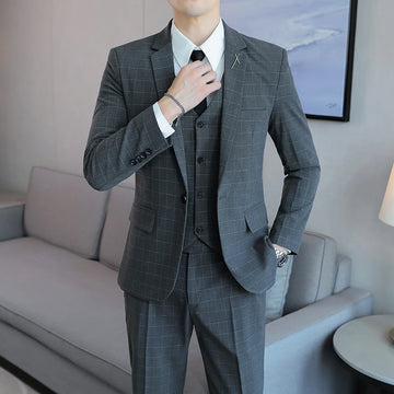 2024 Plaid Three-Piece Suit Set - High-Quality Business Fashion Vest & Trousers Wedding Casual Handsome Outfit
