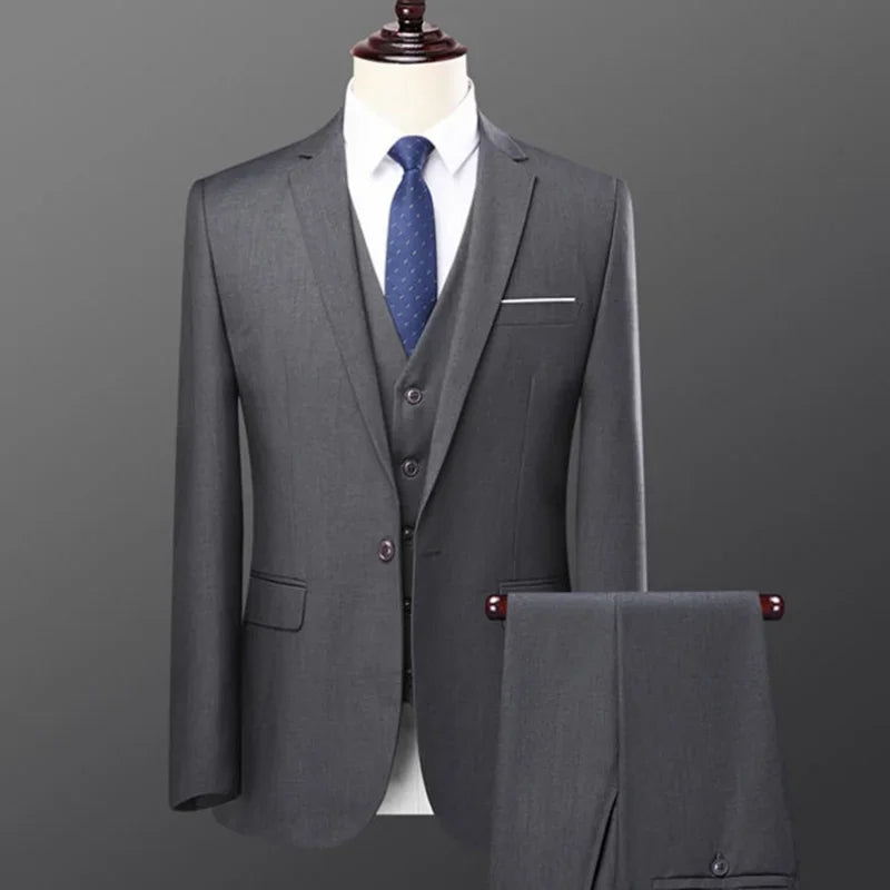 Men's Single-row Two-button Slim-fit Business Professional Suit Vest Trousers 3-piece Set Solid Color Fashion