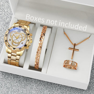 4PCS Men Business Watches Fashion Big Dial Steel Band Male's Analog Quartz Watch Clock Relogio Masculino（Without Box）