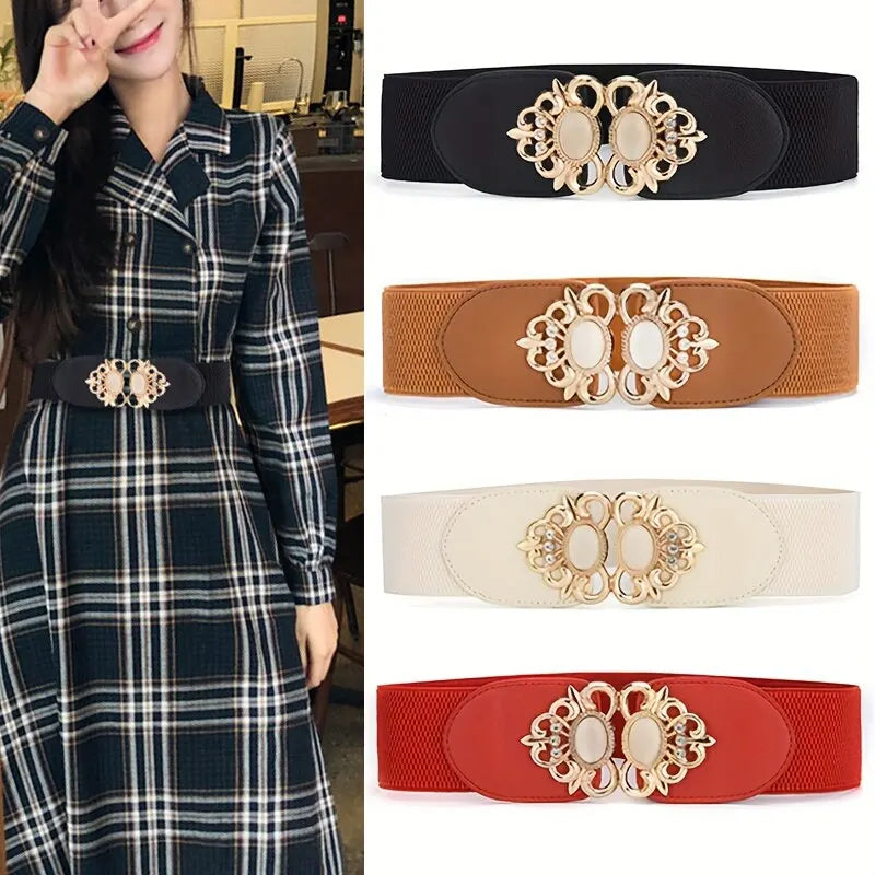 Women's Fashionable Golden Imitation Gemstone Shape Elastic Waist Closure With Double Hook Buckle Wide Belt Paired With Skirt