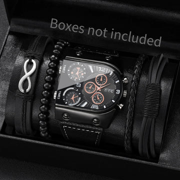 4/5PCS Fashion Large Dial Men Watches Casual Leather Band Analog Quartz Wristwatch Men's Bracelet Set Reloj Hombre（Without Box）