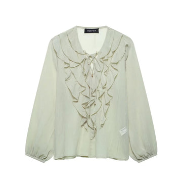 women's loose fitting collar shirt with round neck long sleeved buttons layered ruffle edge decoration lace up sprin