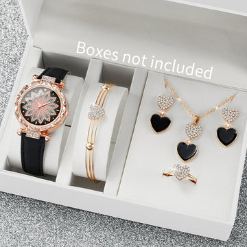 6PCS/Set Women Flower Rhinestone Dial Wristwatch Ladies Fashion Leather Strap Watch With Heart Diamond Jewelry Set(Without Box)