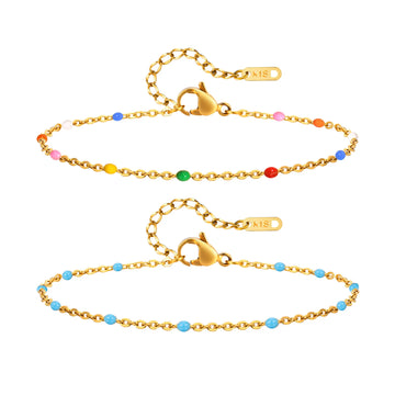 Stainless Steel Chain Bracelet for Women, Colorful Beads Summer 18k Gold Plated, Stainless Steel Waterproof Wrist Jewelry