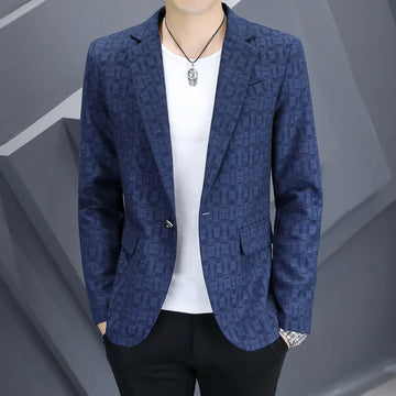 Men's Slim Fit Plaid Suit Single Breasted Formal Coat Fashion Spring Autumn New 2024 Handsome Young Small Size