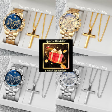 Surprise Mystery Watch Set Blind Box-3PCS Luxury Large Dial Men Business Watches Necklace Bracelet Set Reloj Hombre（Without Box）