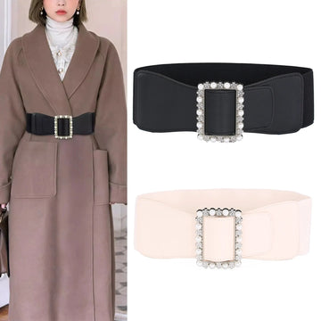 1pc Women's Belt Fashionable Pearl Buckle Shaping Belt Versatile Elastic Elastic Belt Pu Leather Wide Waist Seal With Dress Coat