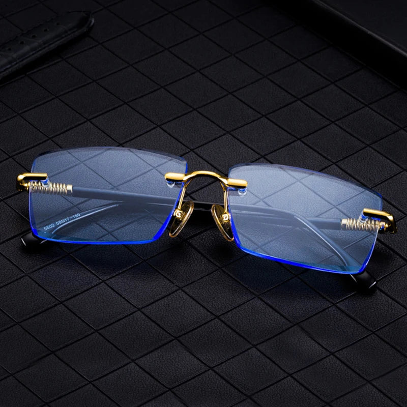 Blue Natural Crystal Sunglasses Woman Rimless Glass Sunglasses Man Luxury Brand Titanium Frame Mineral Lens Vintage Anti Scratch