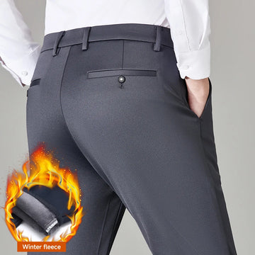 High Stretch Fabric Winter Fleece Warm Business Pants Men Elastic Waist Classic Work Office Formal Suit Trousers Plus Size 29-40