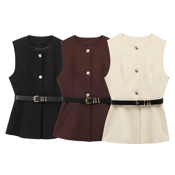 women's waistband vest round neck buckle decoration spring new product casual women's clothing