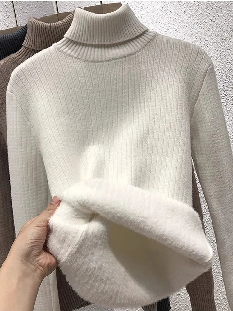 Thicken Turtleneck Sweater Fot Winter Women Casual Slim Plush Lined Warm Knit Pullover New Soft Long Sleeve Knitwear Jumper Tops