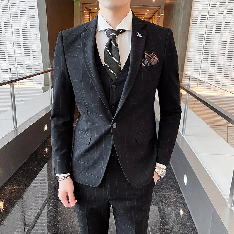 High-End Men's Business Casual Suit Set with Vest Trousers British Dress for Party Wedding Elegant 3-Piece Ensemble