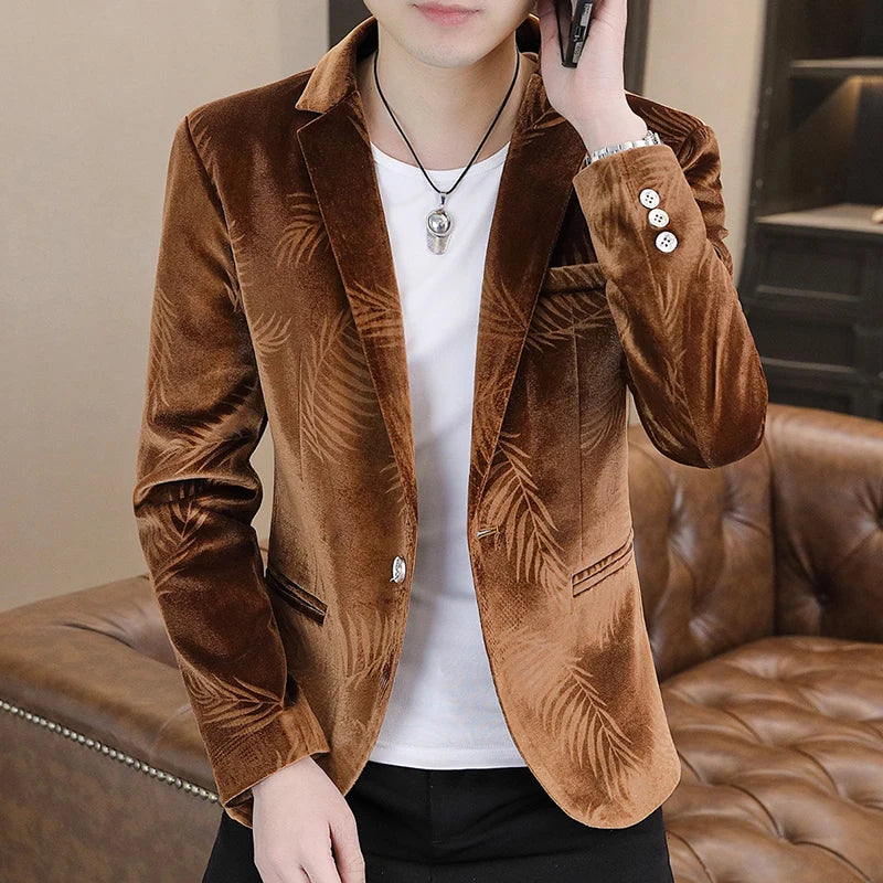 High-quality and fashionable autumn new men's velvet mini suit bamboo leaf flower Korean-style trendy slim-fit suit