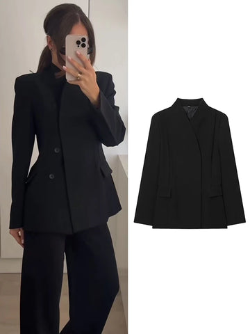 Fall New Women's Blazer Coat Fashion Slimming Leisure Pocket Jackets Top 2025 Elegant Chic Solid Female Commuter Clothing