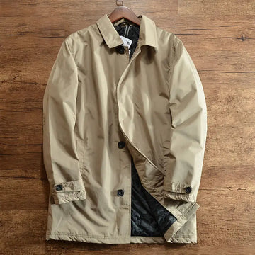 Men's Elegant Windbreaker Korean Style Simple Cotton Jacket for Warmth in Winter Medium Length Lapel Trench Coat Button Up Top