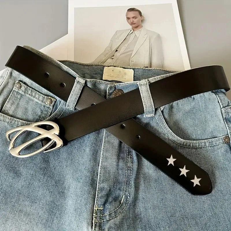 New Luxury Men's Belt Fashion Classic Star Shaped Hollow-Out Oval Buckle Design Black Faux Leather Casual Women's Belt Plus Size