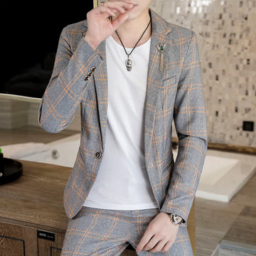 Spring 2025 Men's Stylish Slim Fit Checkered Suit Set Two-Piece Korean Trendy Casual Formal Outfit