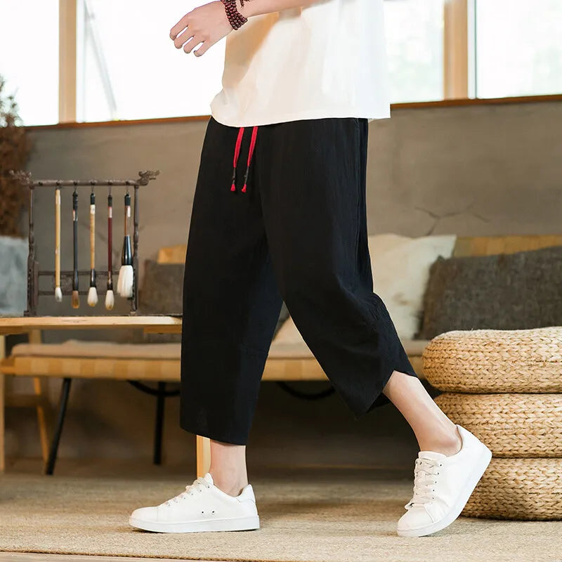 M-5XL Summer New Men's Cropped Pants 95% Cotton Thin Loose Pants Japanese Style Elastic Waist Casual Pants