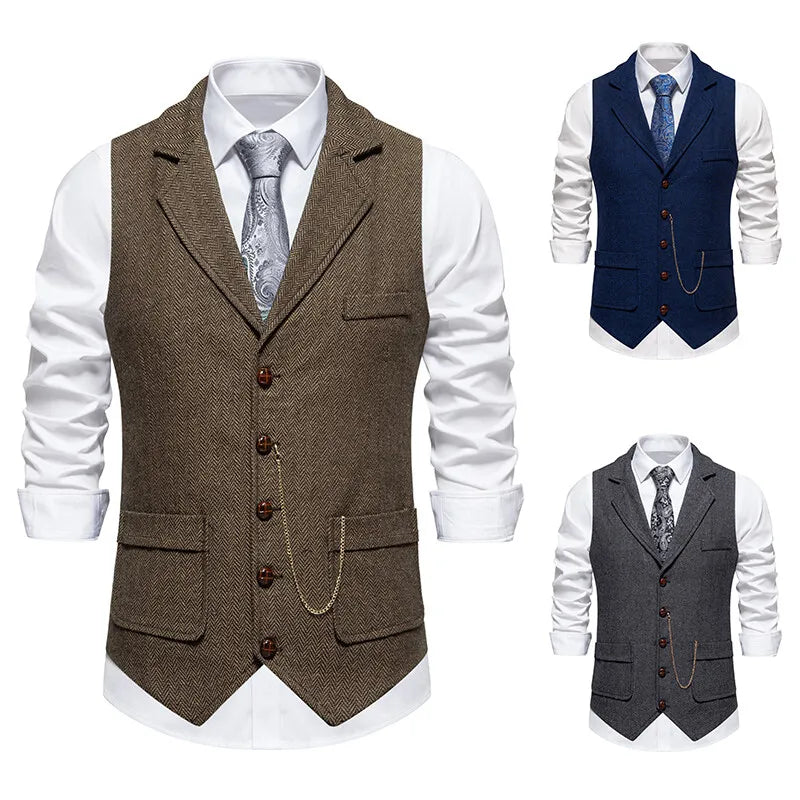 Autumn New Men's Herringbone Stitched Satin Inner Vest Business Casual Formal Suit Fake Pocket Vest Double Breasted Suit Vest