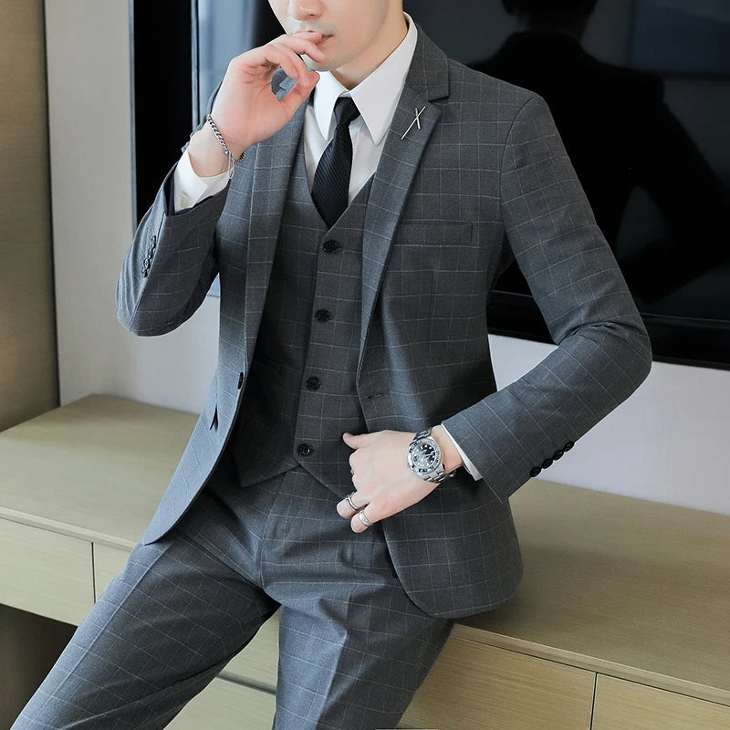 2024 Plaid Three-Piece Suit Set - High-Quality Business Fashion Vest & Trousers Wedding Casual Handsome Outfit