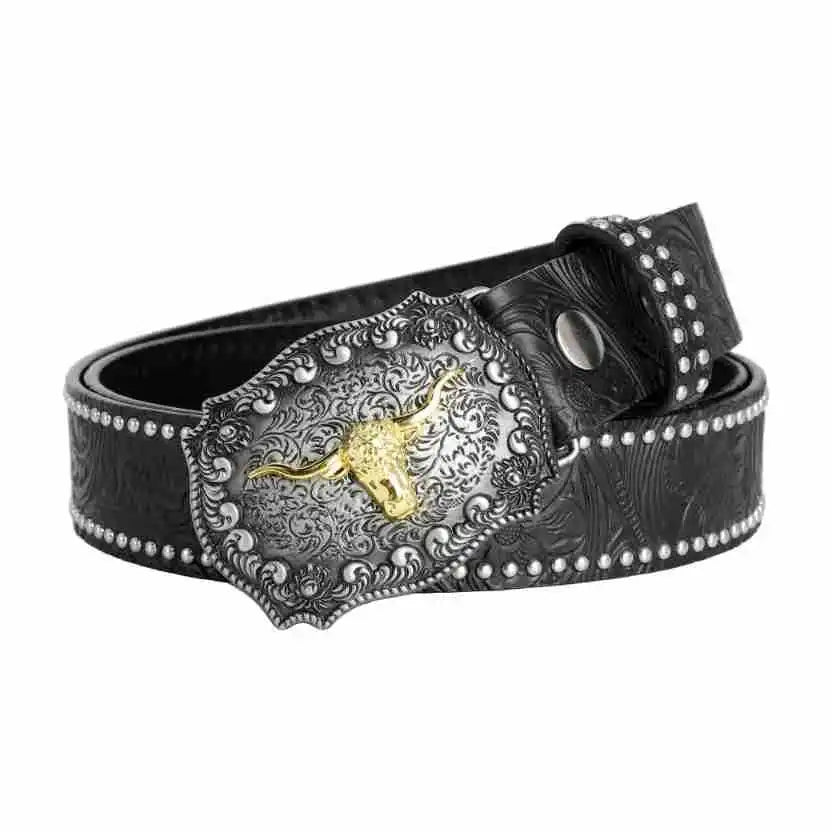 New Men's Western Cowboy Belt - Cool Handsome Black PU Belt Material Embossed Design and Stylish Alloy Buckle Women's Waist Belt