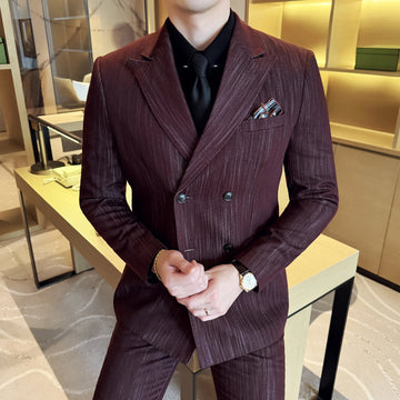 High-end men's fashionable and stylish banquet business casual suit, Korean-style slim striped suit three-piece set