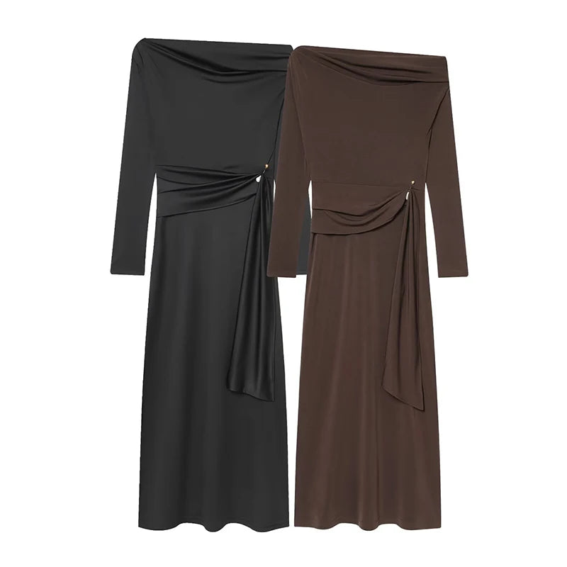 Chic Elegant Off Shoulder Long Dress Woman 2025 New Fashion Snap Button Ruched Midi Dresses For Women Slim Party Dresses ﻿