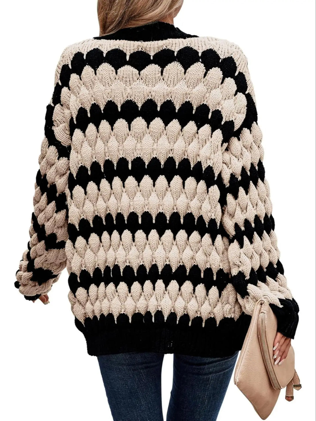 Autumn and winter women's open collar contrasting wave stripe casual loose woolen cardigan
