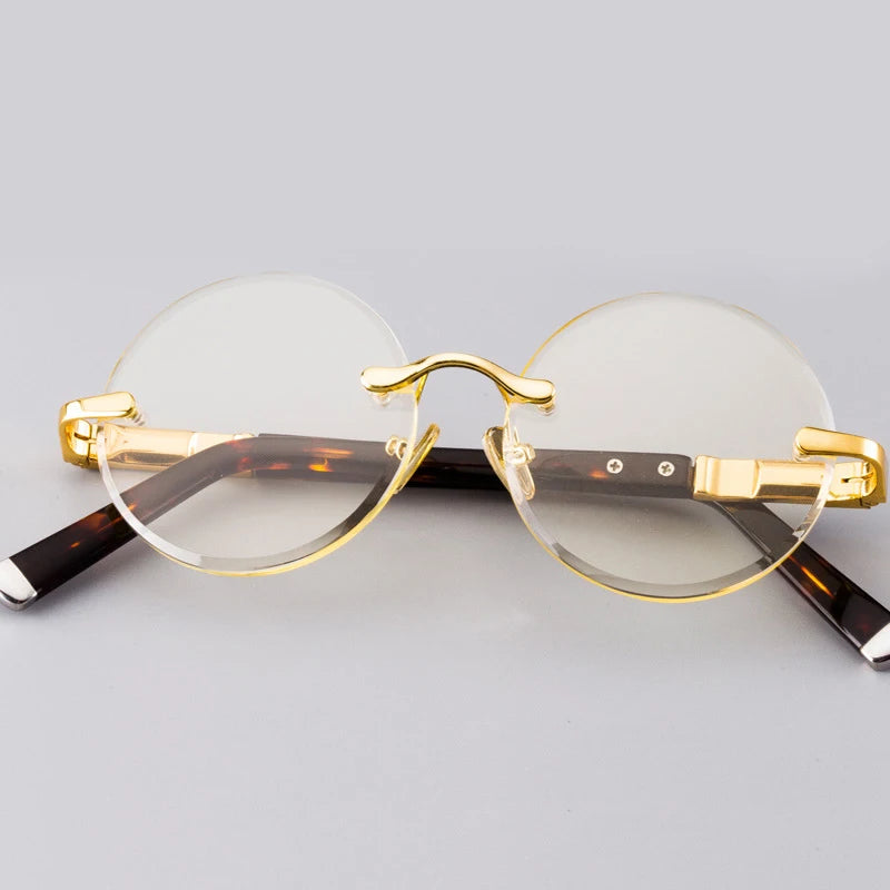 Round Rimless Glass Sunglasses Man Natural Crystal Sunglasses Mineral Lens Woman Luxury Brand Vintage Acetate Frame Anti Scratch