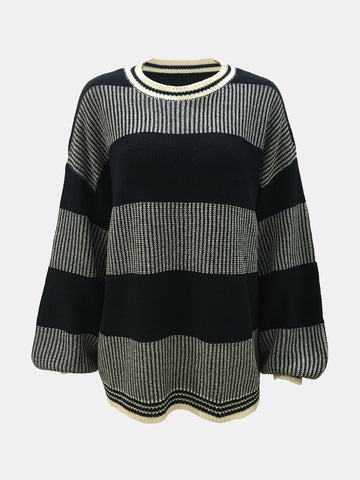 Autumn and winter women's round neck casual lantern sleeve contrasting woolen pullover top