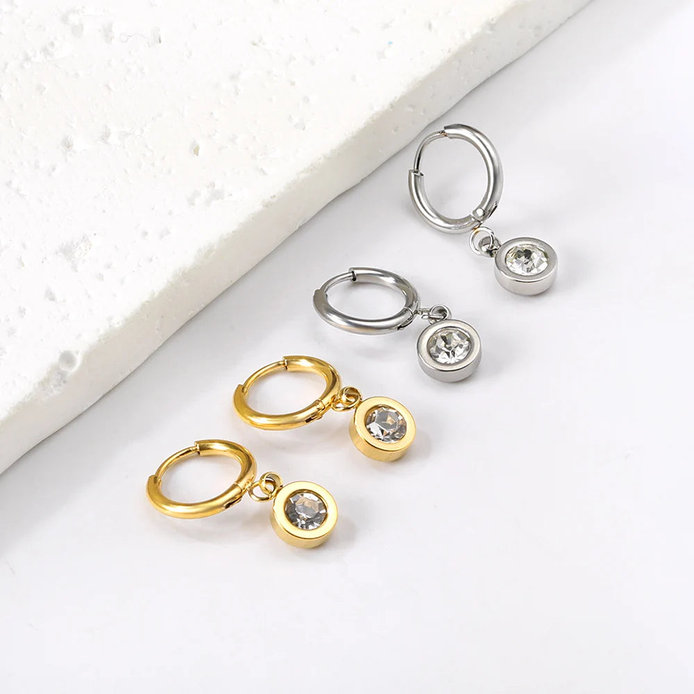 LUXUSTEEL Stainless Steel Jewelry Earrings for Girls Fashion Round White Zircon Earrings Gold-Plated Personality Gifting