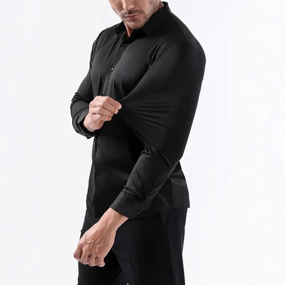 New Design Men's Solid Shirt Long Sleeve Autumn High Elasticity Casual Wrinkle Free No ironing Business Formal White Blue Social