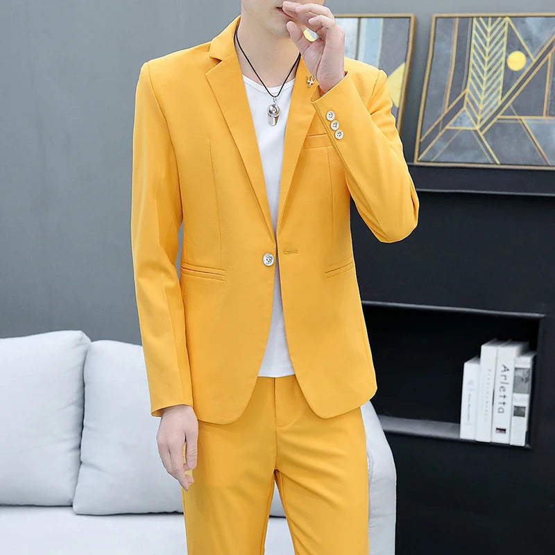 Men's Slim Fit Two-Piece Set Korean Style Spring Autumn Casual Trend British Hair Stylist Fashion Suit plus Trousers
