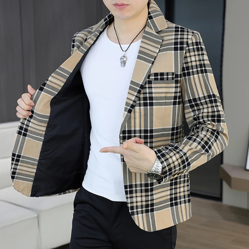 Men's casual checked suit, men's jacket, youth business suit, spring student Korean style slimming single top, men's trend