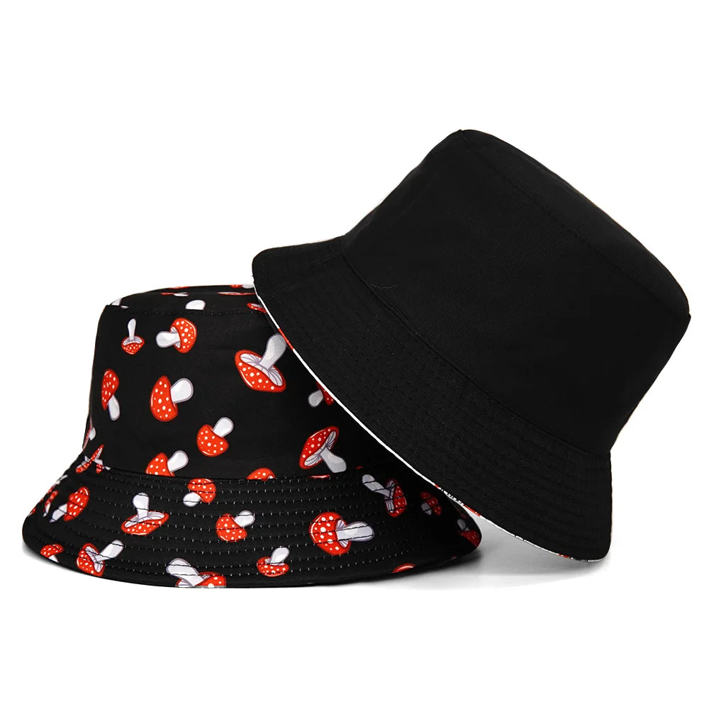 Mushroom Print Panama for Women Men Summer Outdoor Sunscreen Bucket Hats Reversible Fisherman Hat Female Fishing Sun Hip Hop