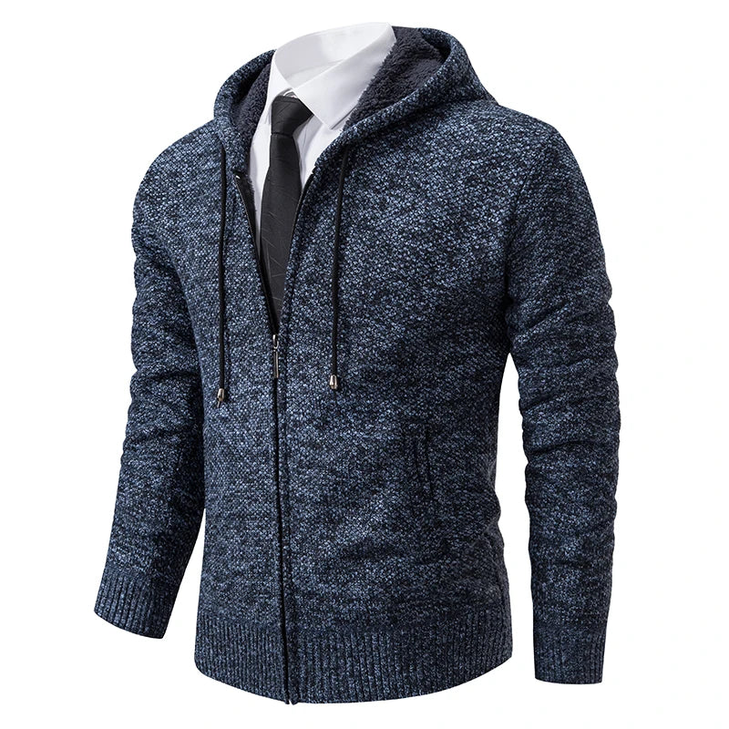 Men's Fashion Solid Color Hooded Pullover Sweater Cardigan Autumn Winter Fleece Thick Warm Coat Casual Sports Sweater