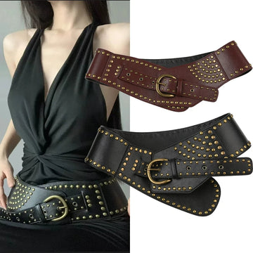 New Rivet Stitch Vintage Gothic Punk Black Belts For Women Chic PU Leather Streetwear Y2K Accessories Female Waistband Wide Belt
