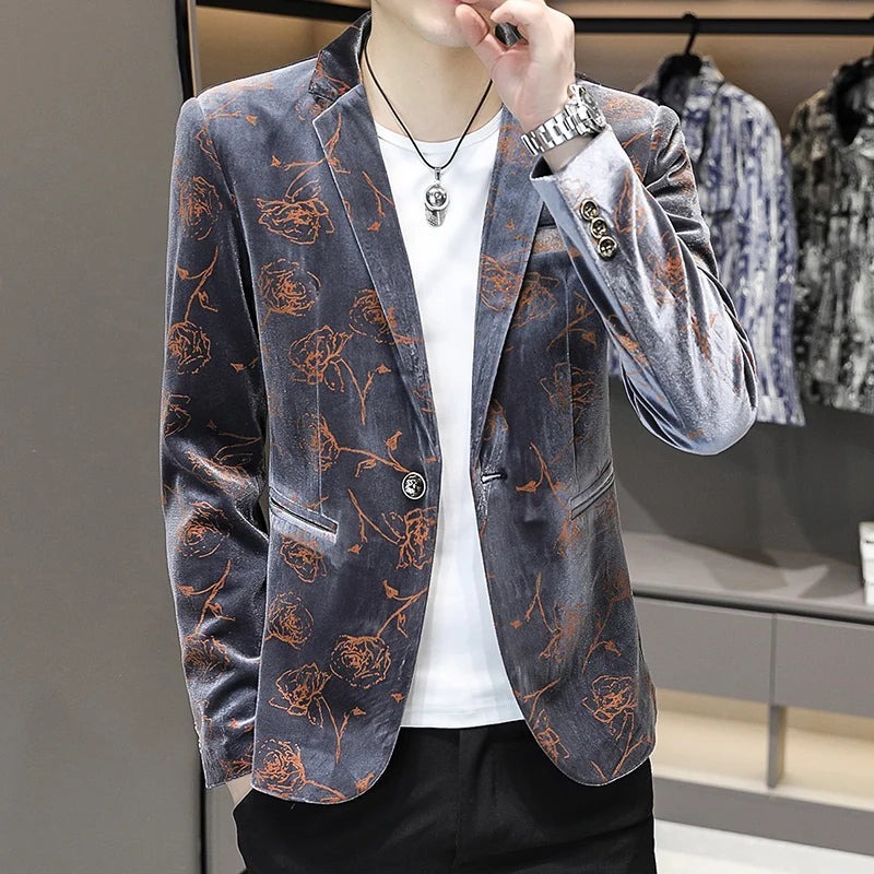 High Quality Autumn New Men's Fashion Handsome All Printed Casual Business Slim-fit Korean Suit  Stage Clothes for Singers Men