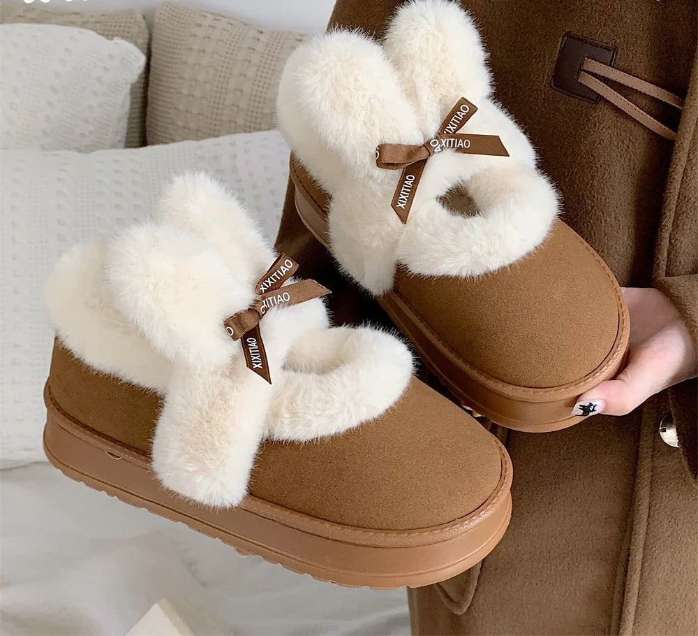 2025 Snow Boots Women Bowknot Cotton Shoes Thick Platform Ankle Boots for Women Fur Warm Ankle Plush Warm Snow Boots 2024