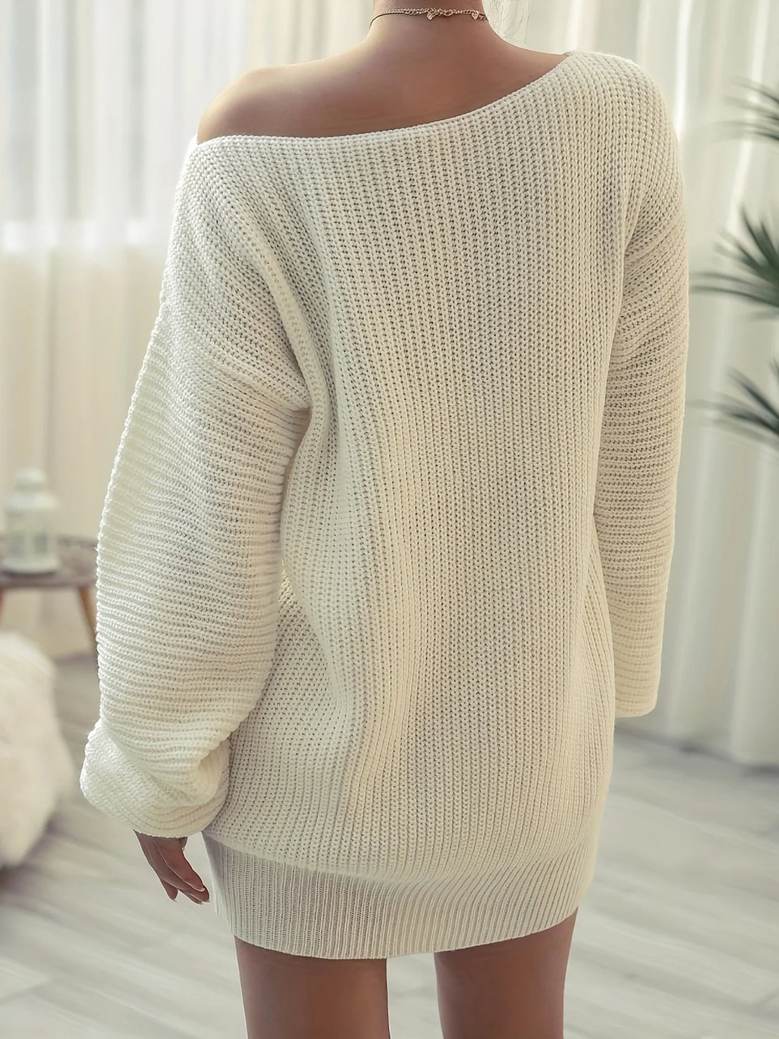 Solid Off Shoulder Knitted Dress Casual Long Sleeve Sweater Dress For Fall & Winter  Women's Clothing