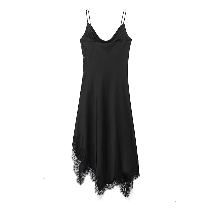 2025 Sexy Lace Spliced Sling Dresses For Women Elegant Sleeveless Backless Irregular Hem Dress Lady Chic Holiday Party Dresses ﻿