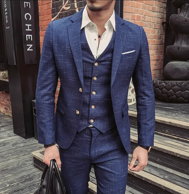 High Quality Slim-fit Men's Three-piece Suit with Vest And Trousers - Double Buckle Wedding Art Fabric Tough Man Suit